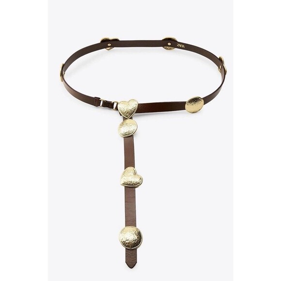 ZARA 100% Leather Brown Gold Heart Medallion Harness Belt Women EU 85 US 32 Boho main image 7